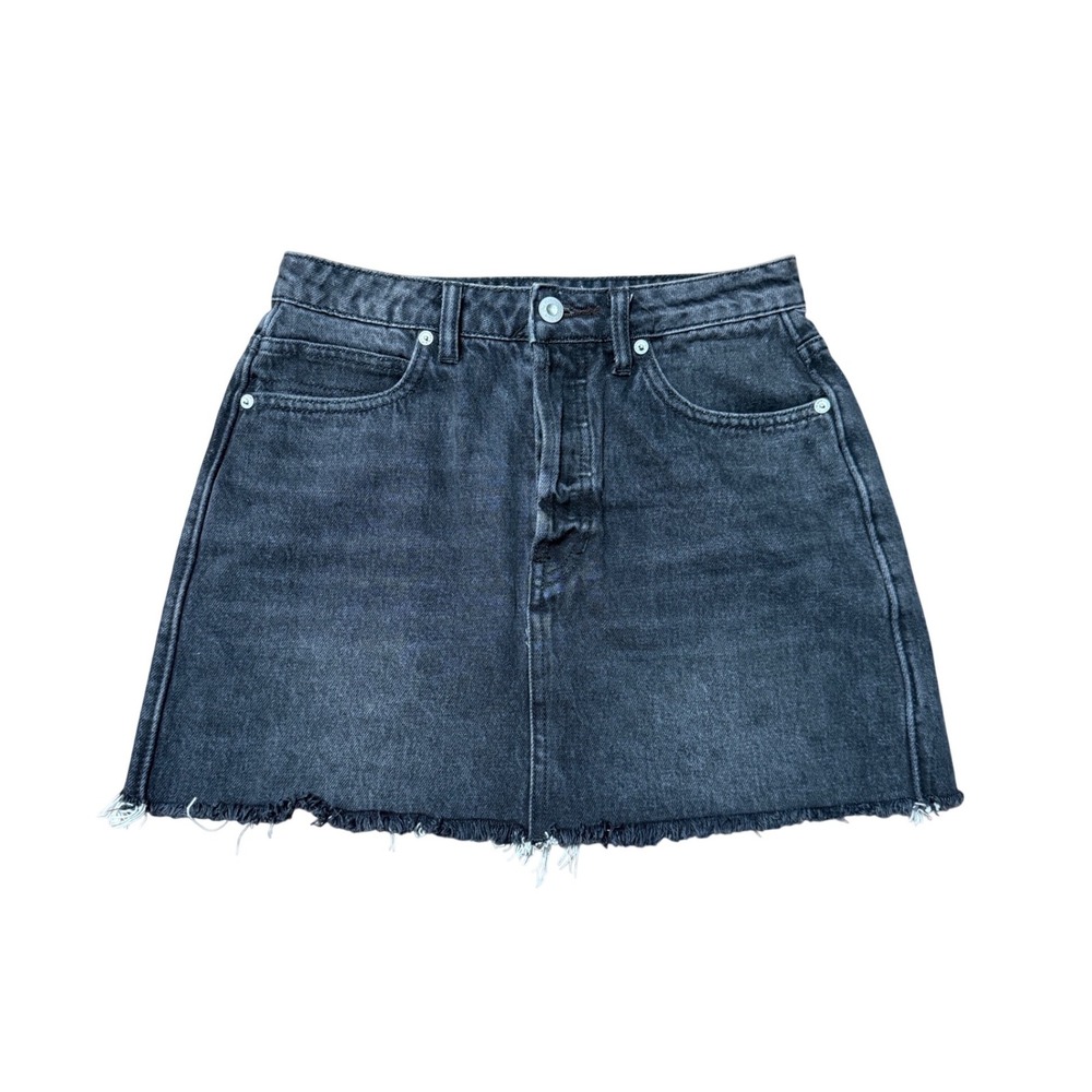 We The Free Denim Mini Skirt Womens 26 Black Excellent Cinch Back Raw Hem Fly
